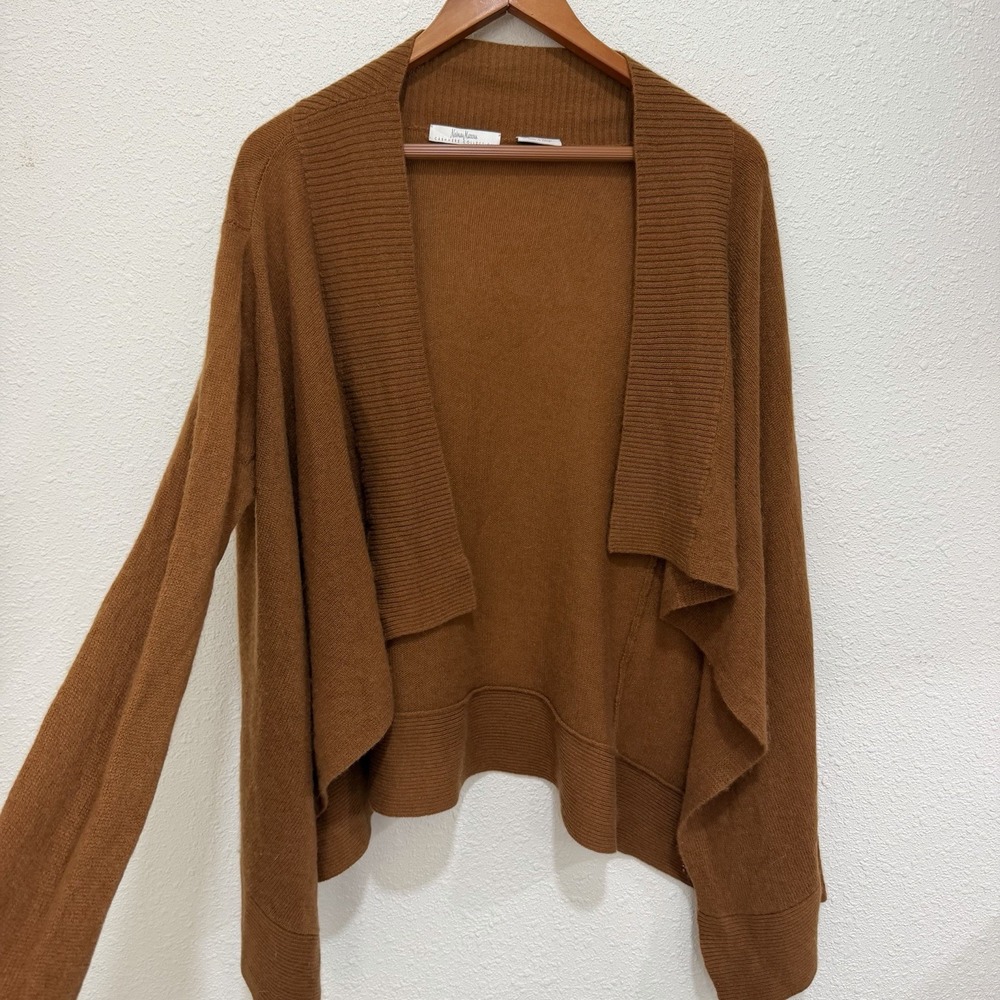 Neiman Marcus 100% Cashmere Brown Waterfall Cardigan Open Front, Women Large - Picture 2 of 6